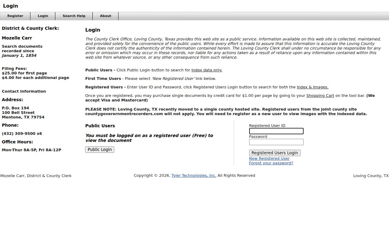 Loving County case search warning for the land records portal